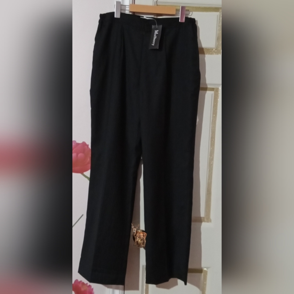 MULBERRY🐞Black Striped Pleated Wool Blend Relaxed Fit High Rise Trousers Sz: 14 - Picture 3 of 10
